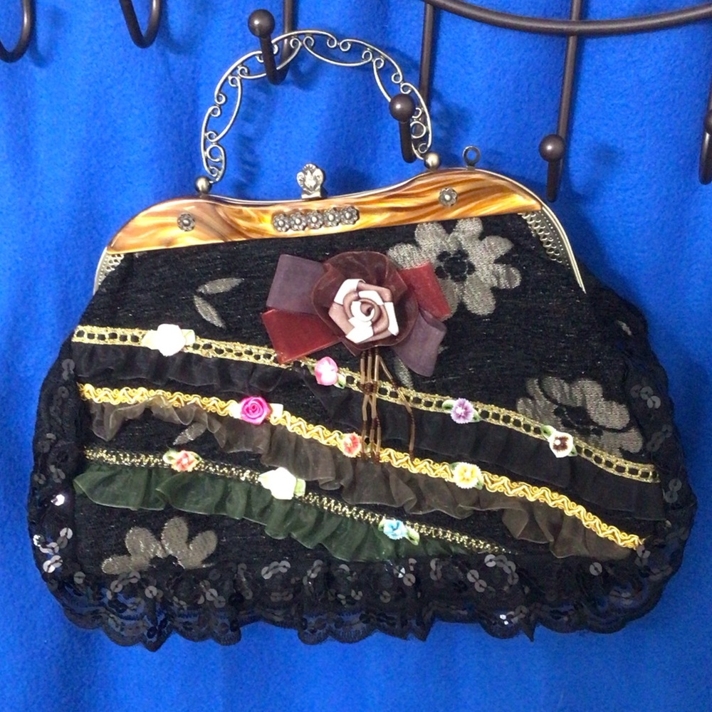 Floral Embellished Black and Gold Women's Bag